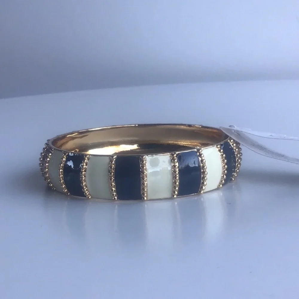 Kate Spade Gold, white ivory and Navy Striped beaded Bracelet chunky bangle - Picture 11 of 16